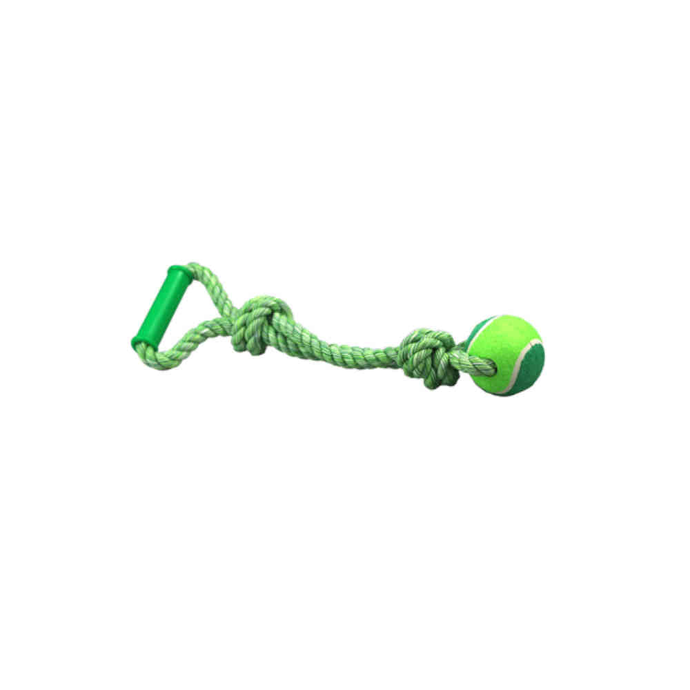 Green dog toy with a rope and ball on a white background