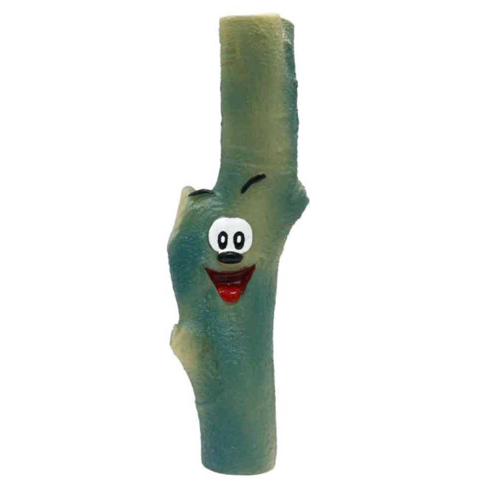 Toy resembling a tree branch with a face on a white background