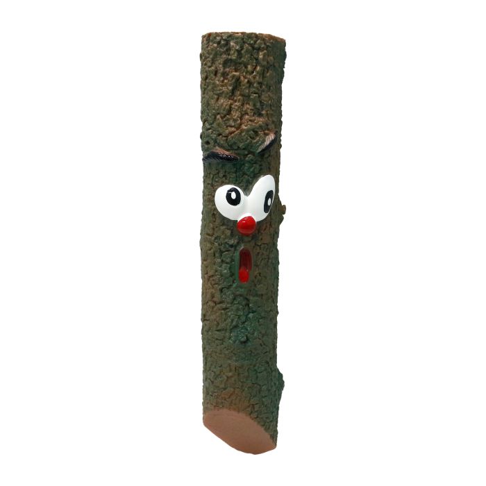 Toy resembling a tree trunk with a face on a white background