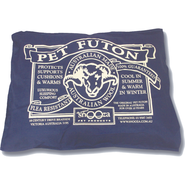 Blue pet futon with white text and branding on a white background