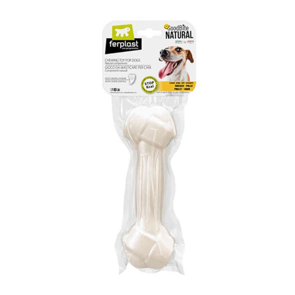 Dog bone chew toy in packaging with Ferplast branding on a white background