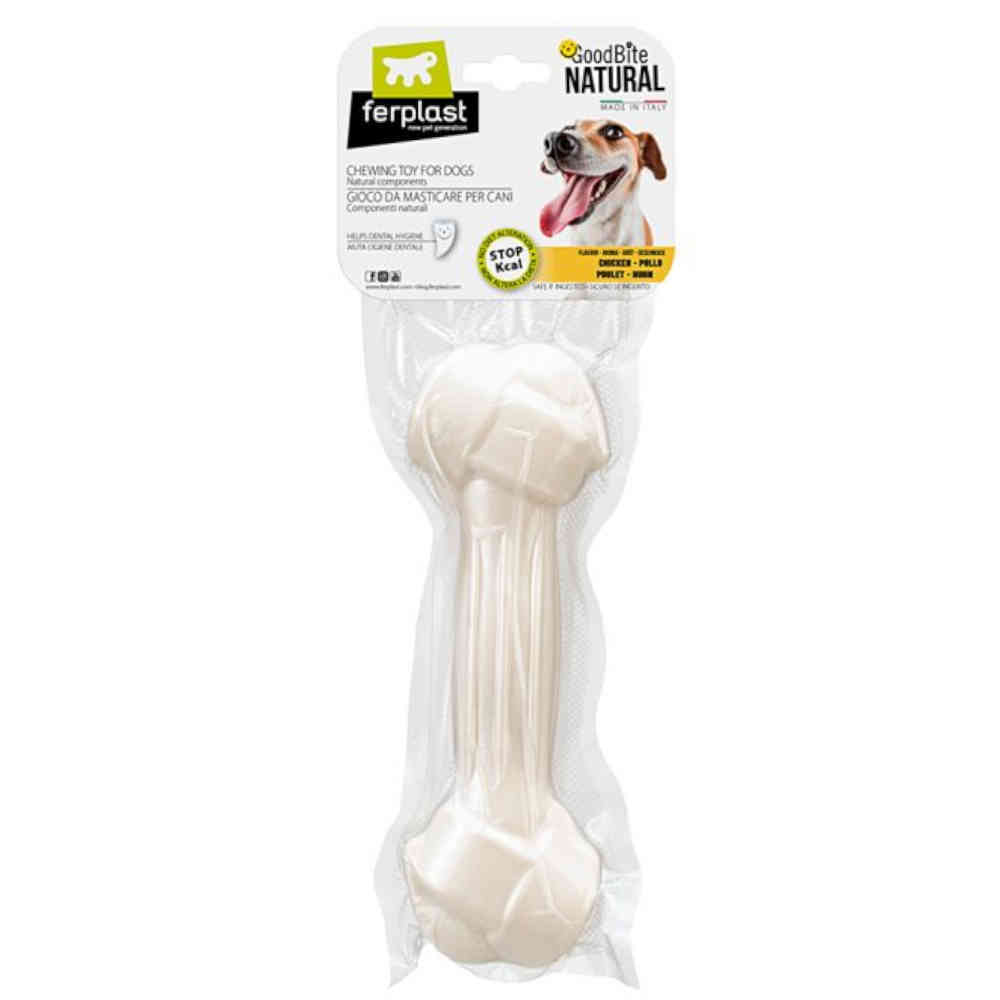Dog bone chew toy in packaging with ferplast branding on a white background