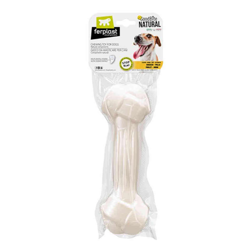 Dog bone chew toy in packaging with 'GoodBite Natural' label on a white background