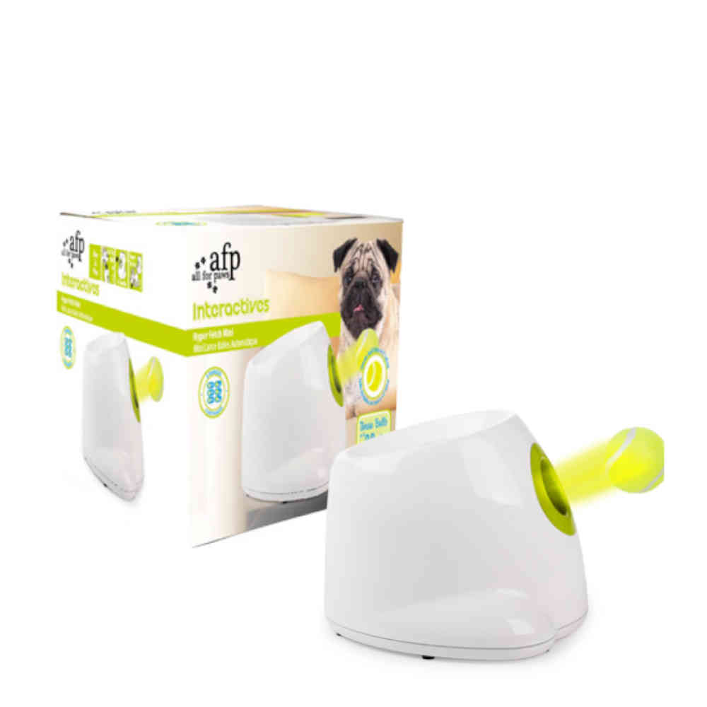 White and green pet toy with packaging displaying a dog and the brand 'AFP'.