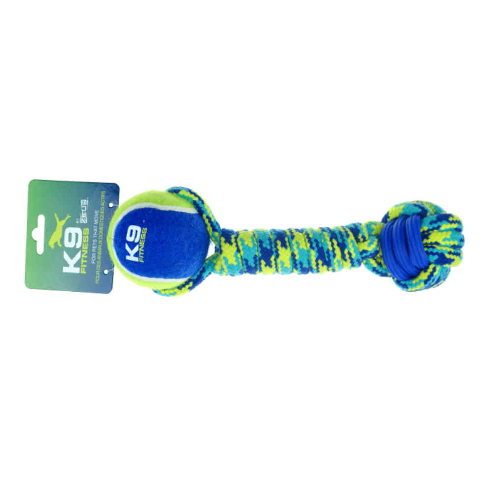 Dog toy with a ball and rope on a white background, featuring K9 Fitness branding.