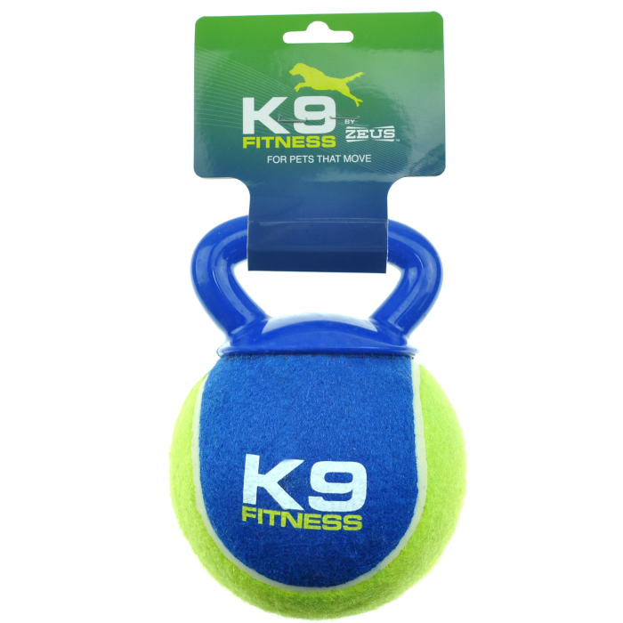 Blue and green K9 Fitness dog toy with packaging on a white background