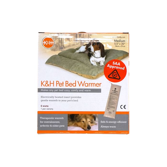 K&H Pet Bed Warmer packaging with a dog lying on a bed