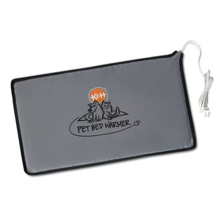 Gray pet bed warmer with a brand logo on a white background