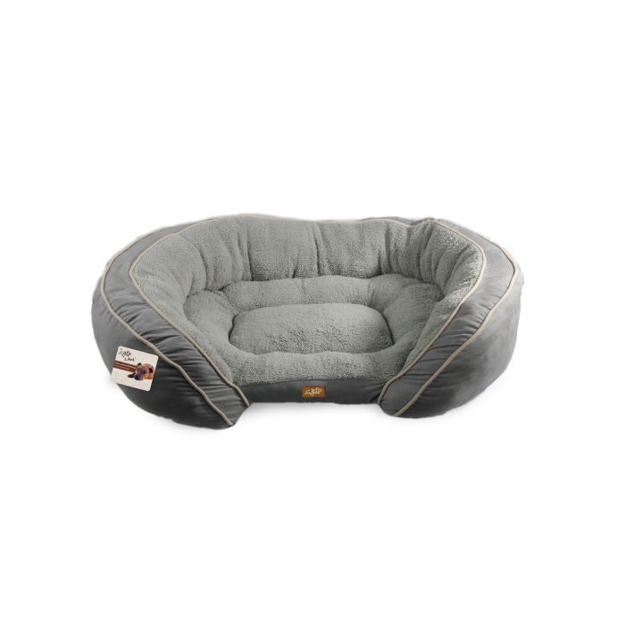 Gray pet bed with a visible brand label on a white background