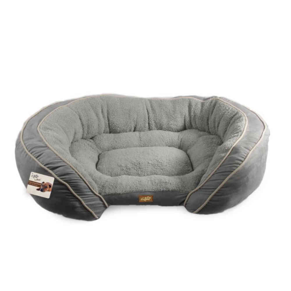 Gray pet bed with a visible brand label on a white background