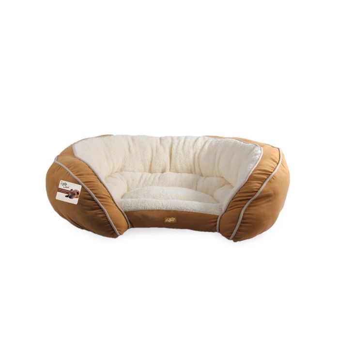 Brown and beige pet bed on a white background