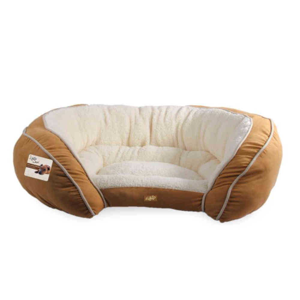 Brown and beige pet bed with a visible brand label on a white background