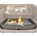 Dog lying on a pet bed in the back of an SUV