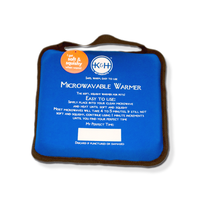 Blue microwavable warmer with K&H logo on a white background