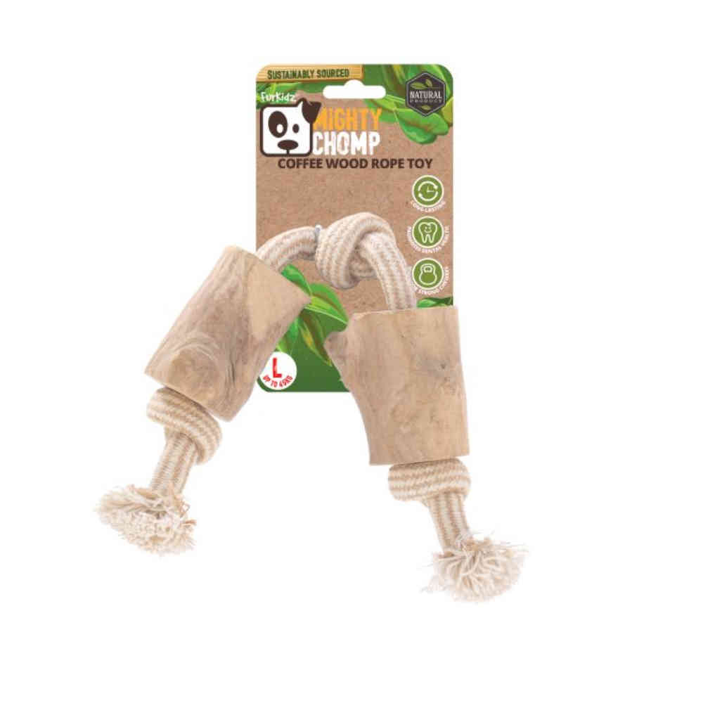 Coffee wood rope toy with packaging on a white background