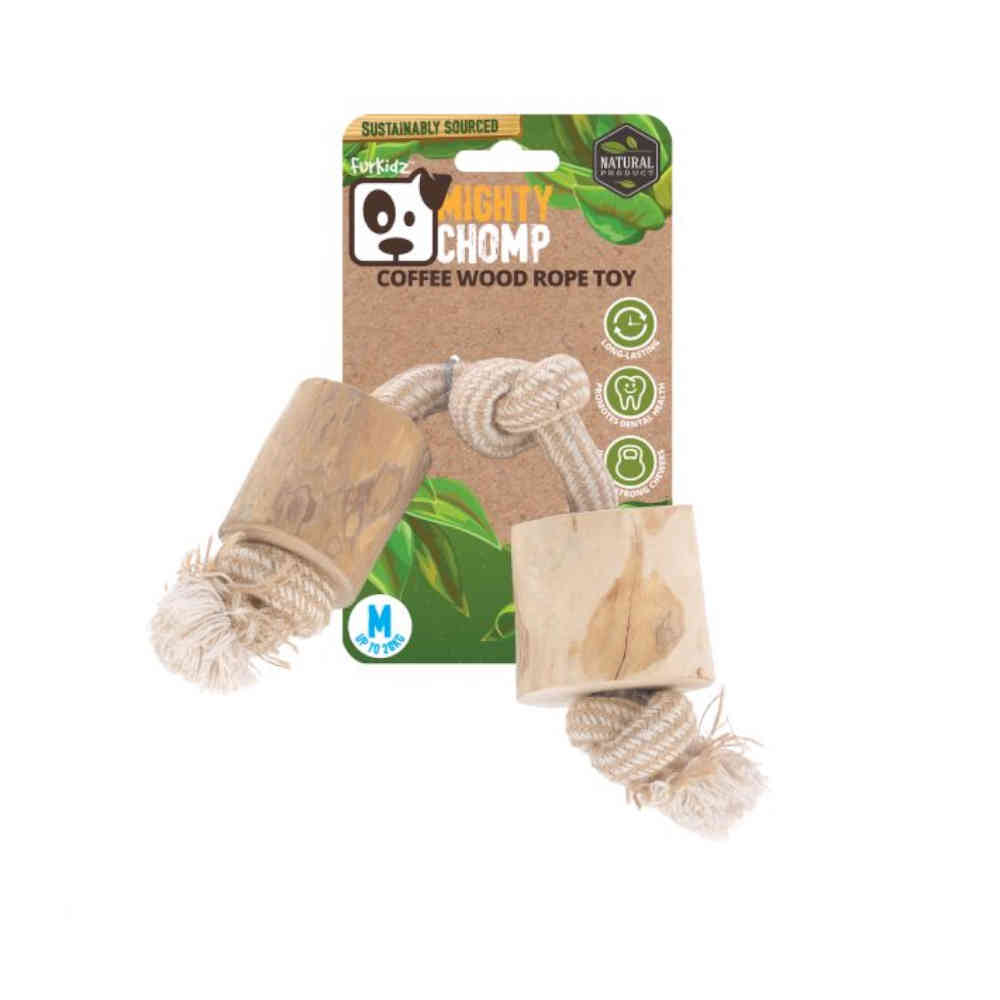 Coffee wood rope toy with packaging on a white background