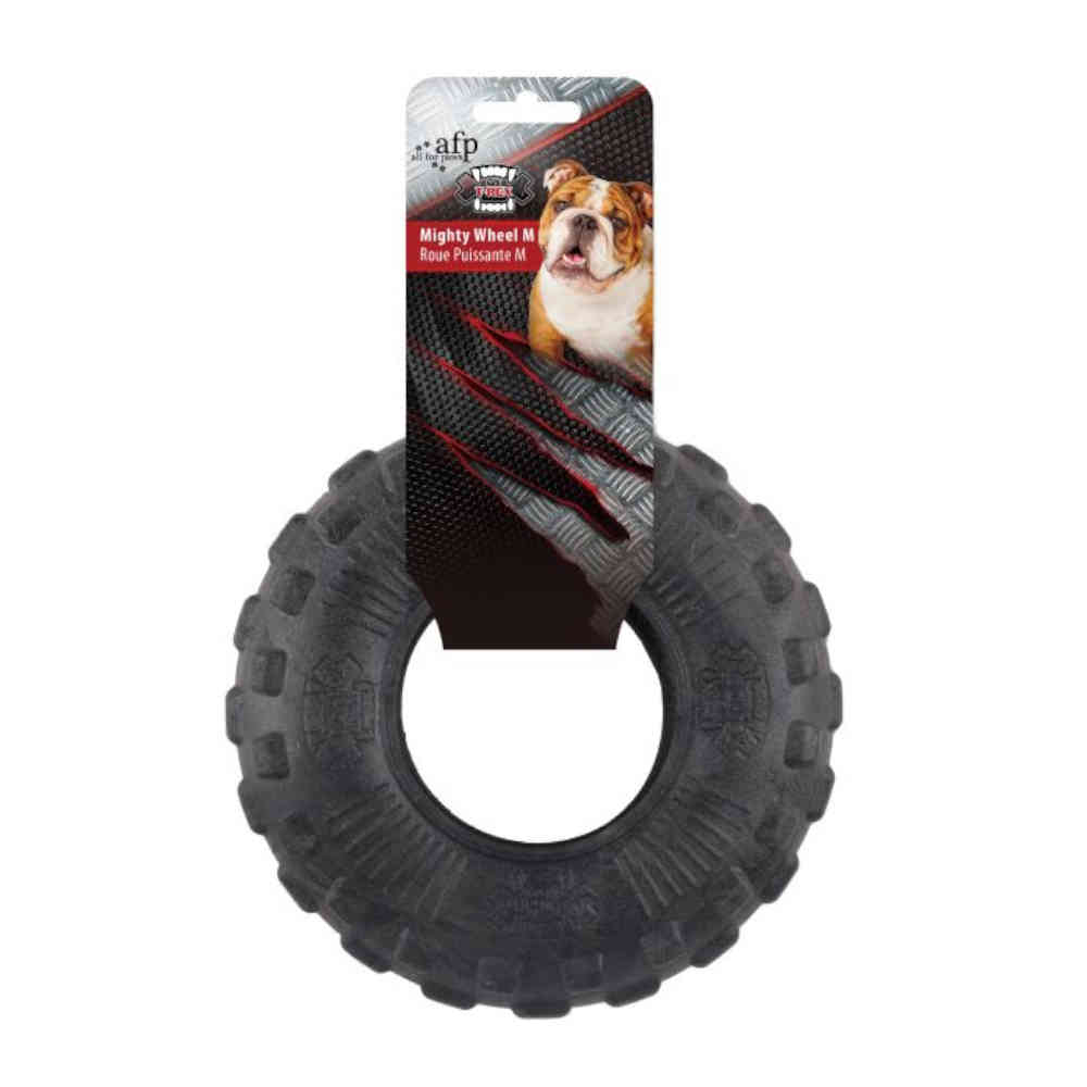 Dog toy in the shape of a tire with packaging featuring a dog on a white background