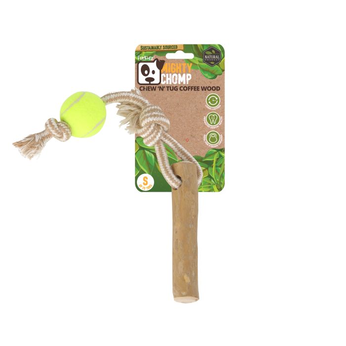 Dog chew toy with tennis ball and rope on a white background