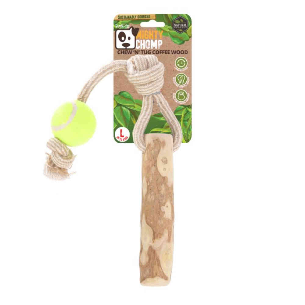 Mighty Chomp Coffee Wood Rope Tugg With Tennis Ball