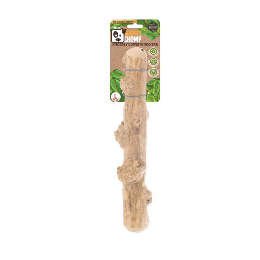 Knobby chomp wood bar with packaging on a white background