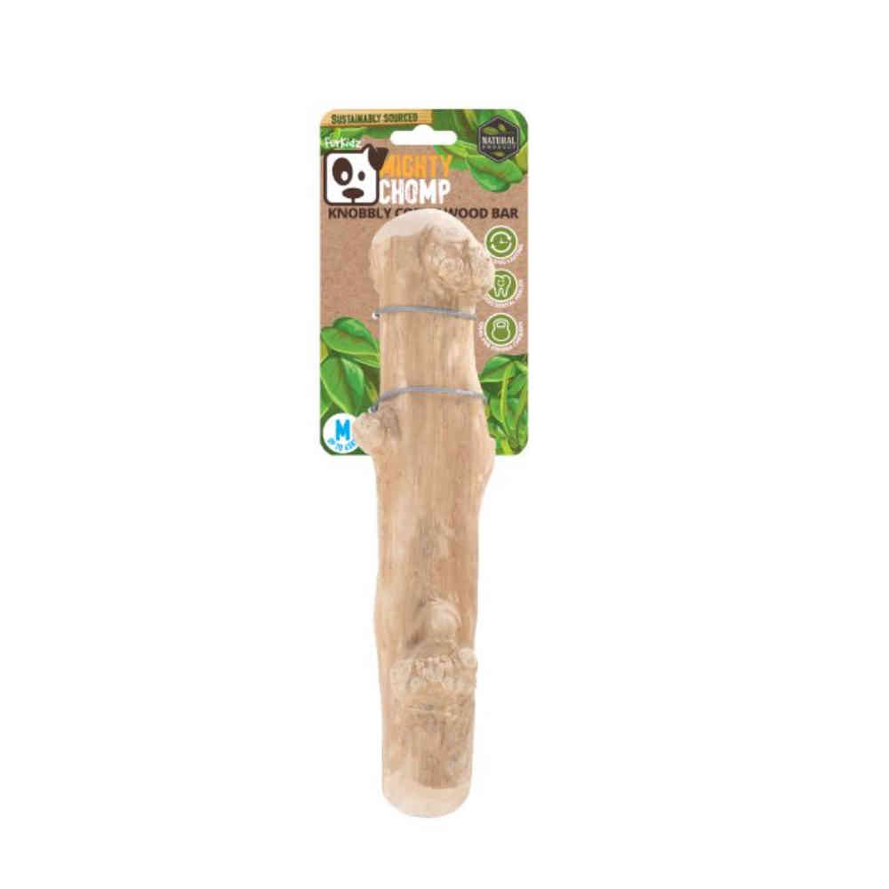Knobby chomp wood bar with packaging on a white background