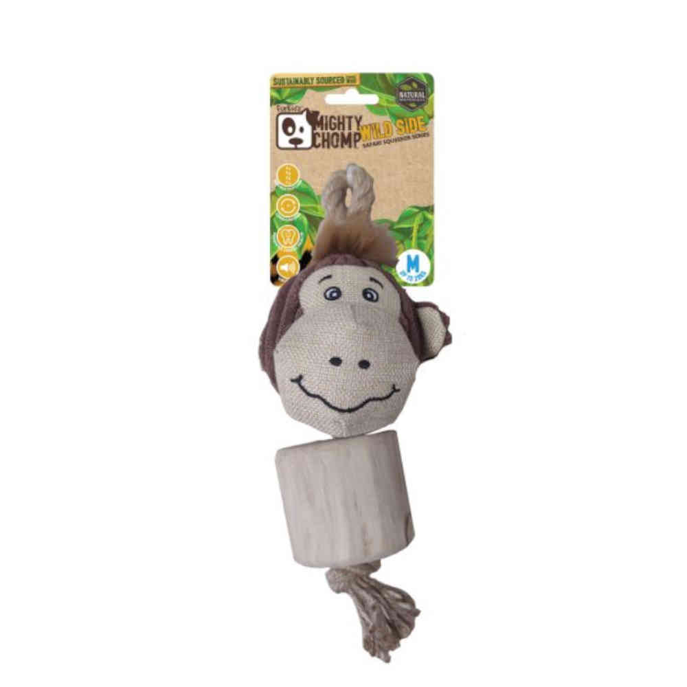 Monkey-shaped toy with a rope on a white background