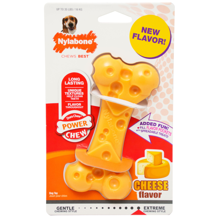 Nylabone dog chew toy packaging with cheese flavor on a white background