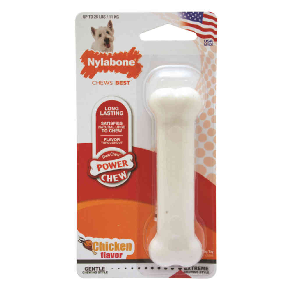 Nylabone dog chew toy packaging with a bone-shaped product on a white background