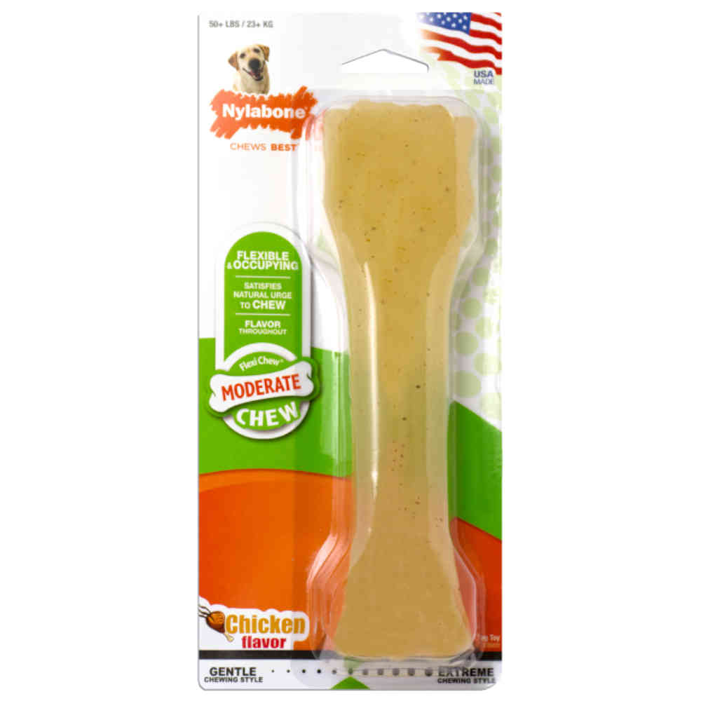 Nylabone dog chew treat in packaging with branding and flavor information.