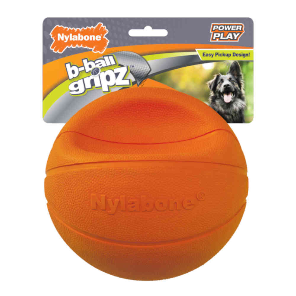 Orange Nylabone b-ball gripz dog toy with packaging on a white background