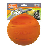 Orange Nylabone b-ball gripz dog toy with packaging on a white background