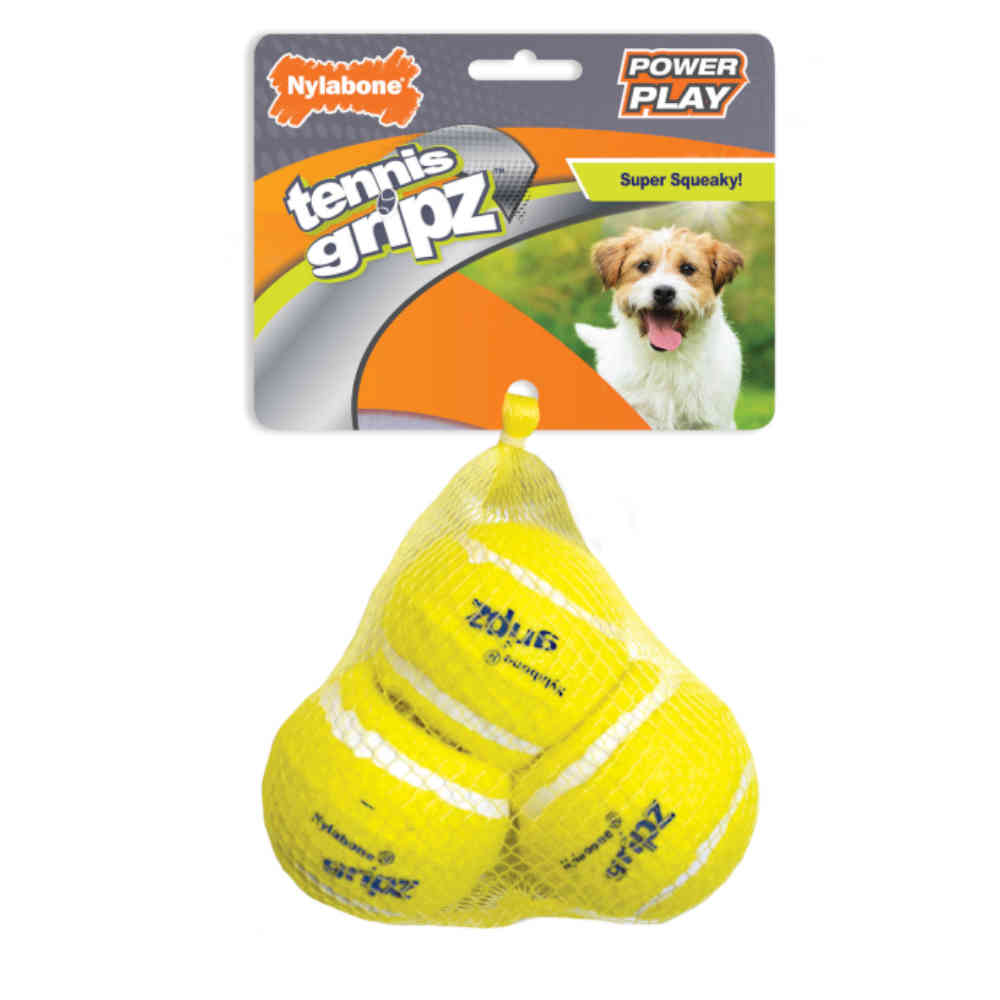Yellow tennis ball-shaped dog toy with Nylabone branding on a white background