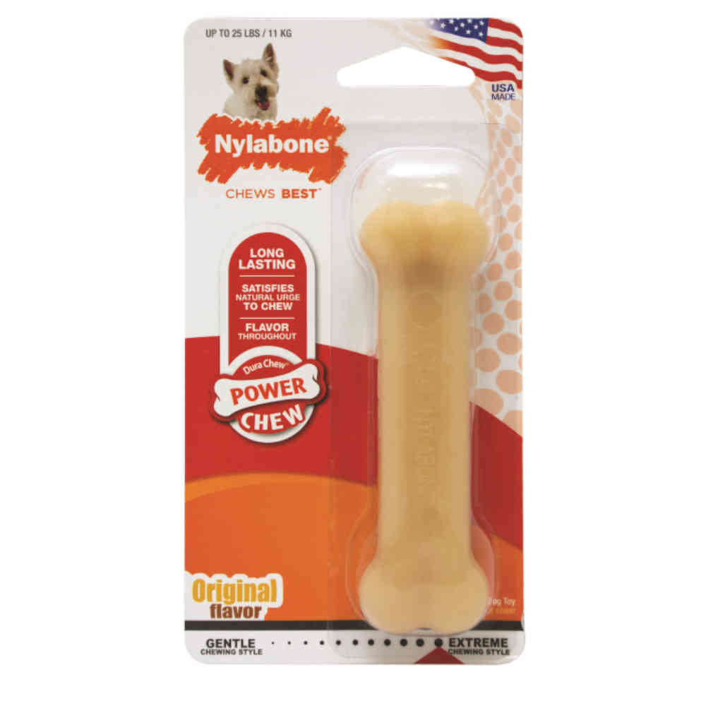 Nylabone dog chew toy packaging with a bone-shaped product on a white background