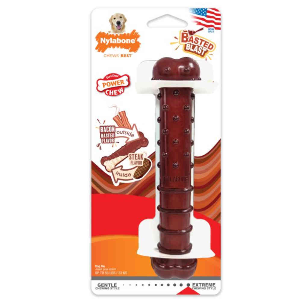 Dog chew toy with packaging featuring Nylabone branding on a white background