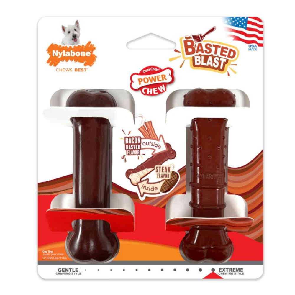 Nylabone dog chew treat packaging with two treats on a white background