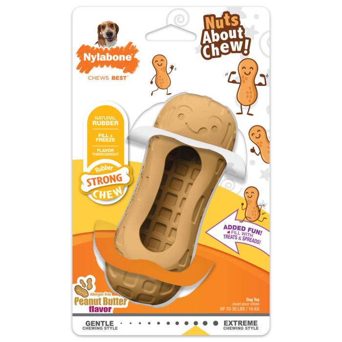 Nylabone peanut butter-flavored dog chew toy with packaging on a white background