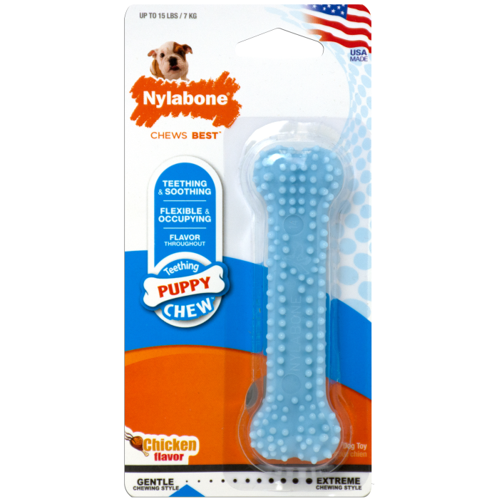Nylabone puppy chew toy packaging with blue bone-shaped toy on a white background
