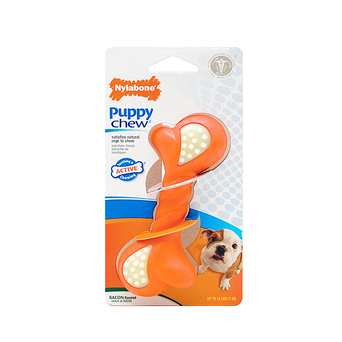 Orange Nylabone puppy chew toy packaging on a white background