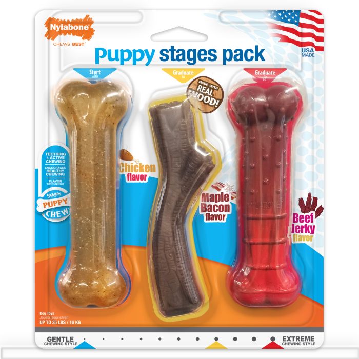 Nylabone puppy chew toys packaging with three different flavors on a white background