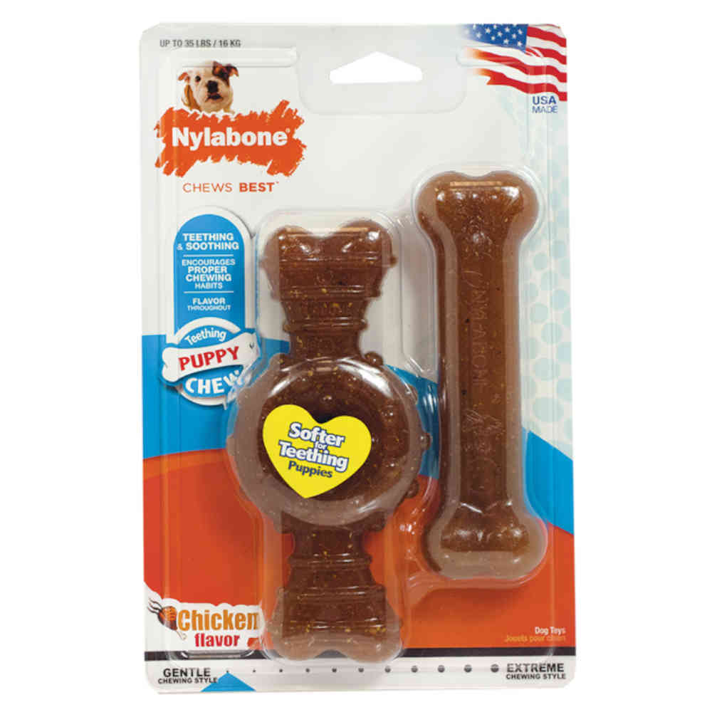 Nylabone puppy chew toy packaging with a clear window showing the brown bone-shaped product.