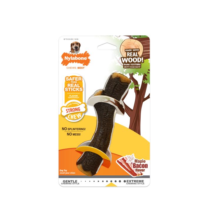 Nylabone dog chew stick packaging with tree design on a white background