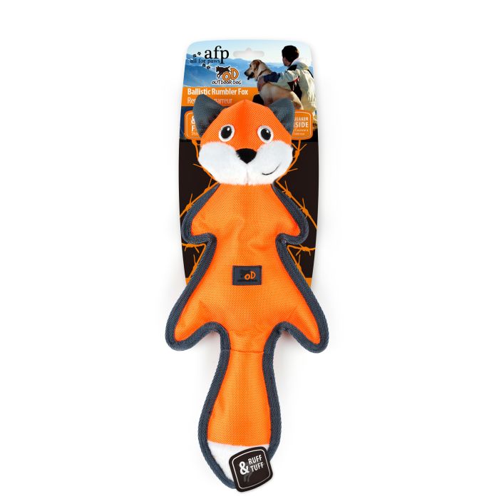 Orange fox-shaped dog toy with packaging on a white background