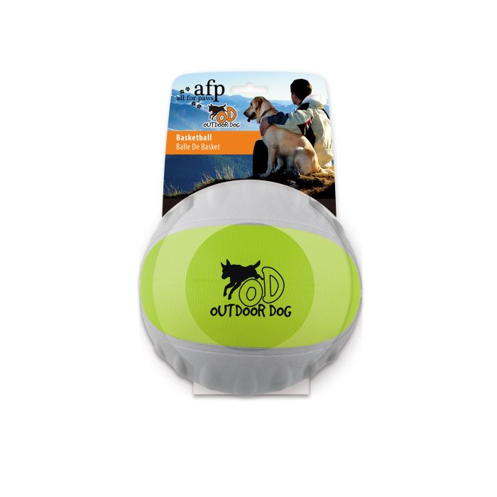 Green and gray dog toy with 'Outdoor Dog' branding on a white background