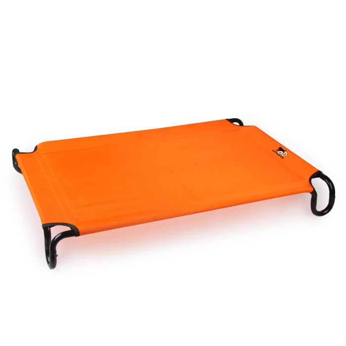 Orange folding cot with black handles on a white background