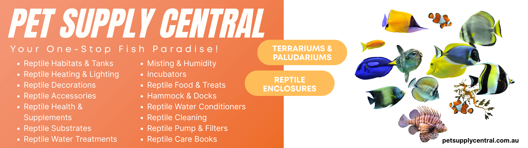Pet Supply Central banner with various pet products and services listed.