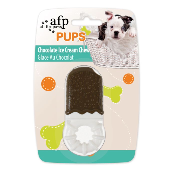 Dog toy packaging with 'all for paws' branding and a chocolate ice cream chew treat.