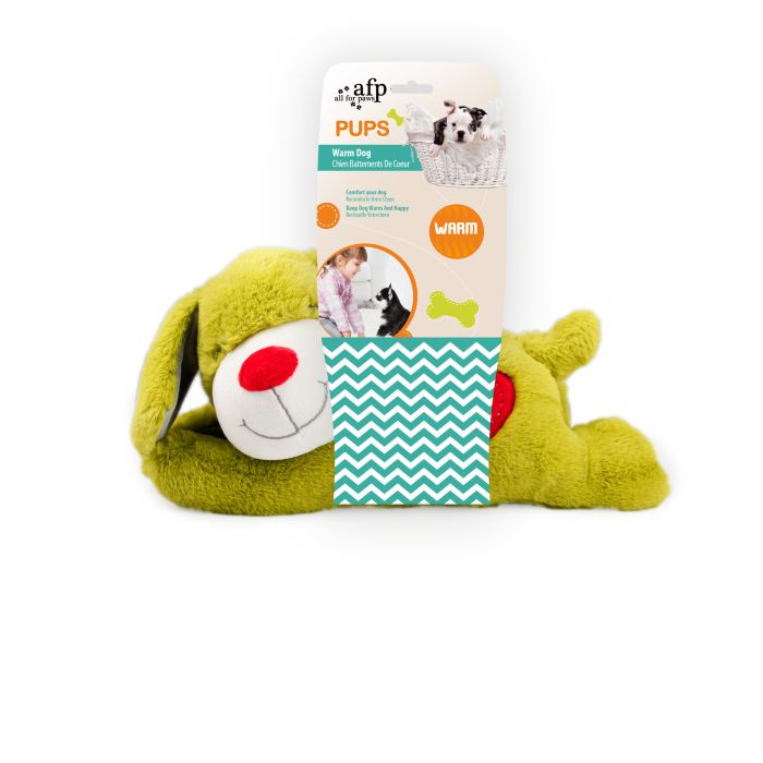 Green plush dog toy with a white tag on a white background