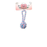 Pink and blue rope dog toy with 'Puppy Love' packaging on a white background