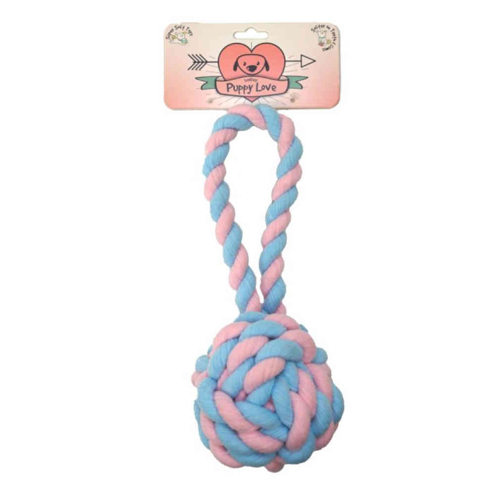 Pink and blue knotted rope toy with 'Puppy Love' packaging on a white background