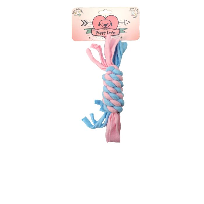 Pink and blue rope dog toy with 'Puppy Love' packaging on a white background